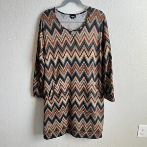Tacera Brown Chevron Print Sweater Dress Women's 2X Pockets Stretch